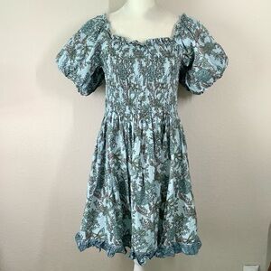 Floral Babydoll Midi Dress Puff Sleeve Smocked Cotton Boho Cottagecore Blue M